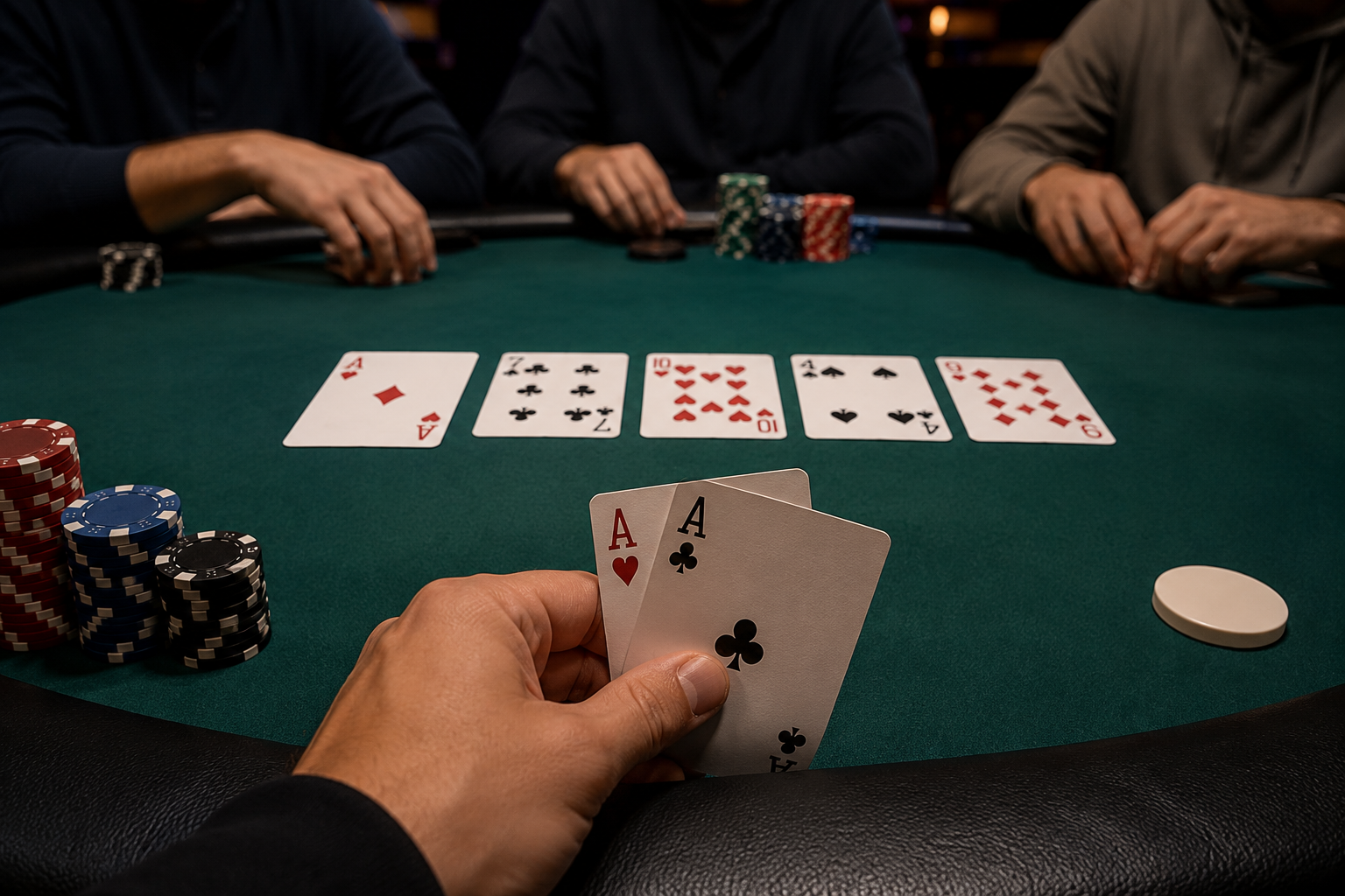 A poker game, showing one player's hand: two aces, with four cards showing on the table, including another ace
